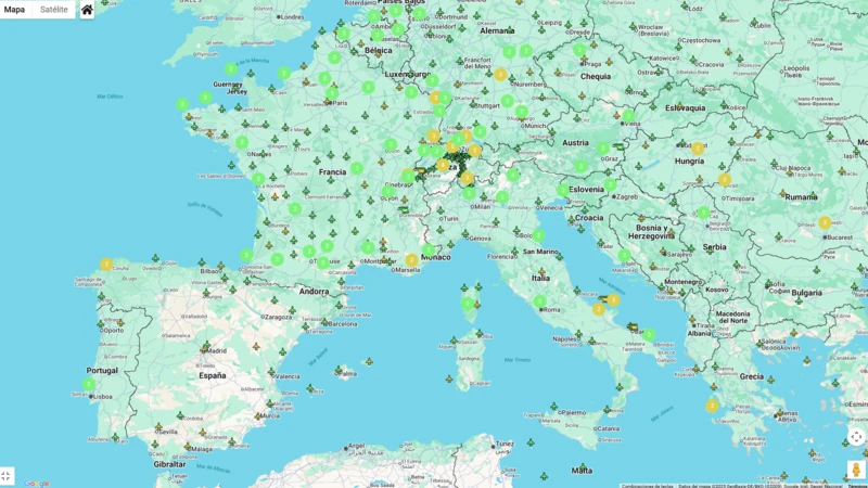 Pistas que utilizan la aproximaci�n EGNOS actualmente en verde y las que implementar�n la tecnolog�a pr�ximamente, en marr�n (fuente ESA).